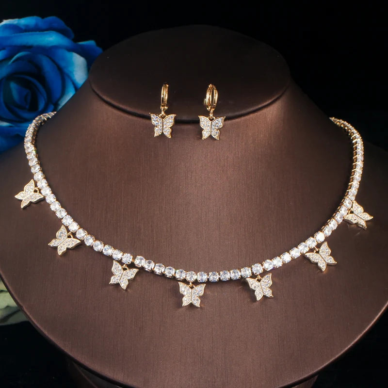Trendy 585 Gold Color Silver Plated Drop CZ Butterfly Bridal Charm Earring and Choker Necklace for Women Party Boho Jewelry Set