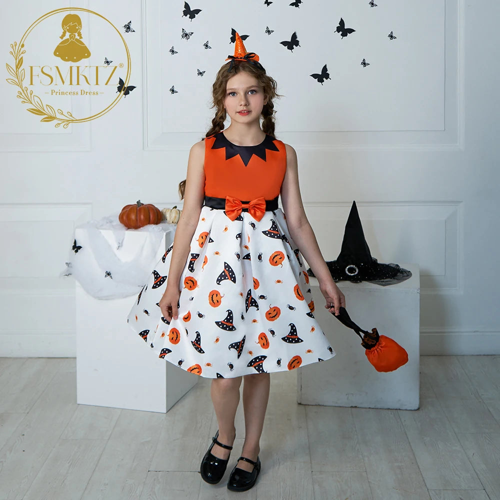 Halloween Girl Cosplay Dress for Kids Satin Evening Gown with Free Bag for Spring Season