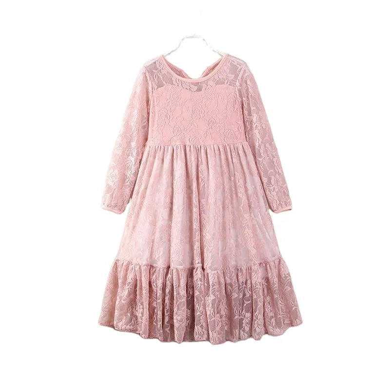 2024 Fashion A-Line Big Children Baby Night Ball Gown Bow Hollowed Out Lace Rose Long Sleeve Girls Dress for Kids 2-10