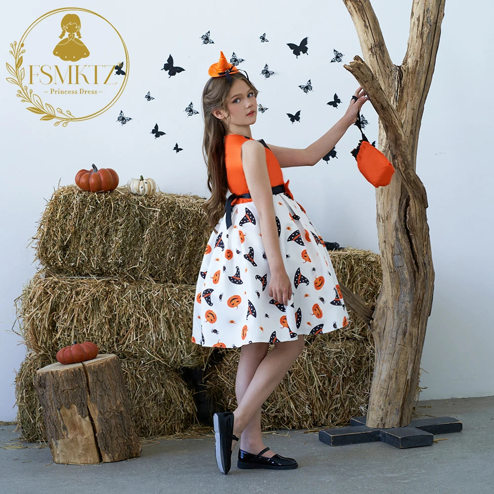 Halloween Girl Cosplay Dress for Kids Satin Evening Gown with Free Bag for Spring Season