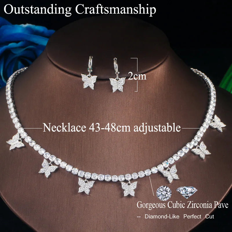 Trendy 585 Gold Color Silver Plated Drop CZ Butterfly Bridal Charm Earring and Choker Necklace for Women Party Boho Jewelry Set