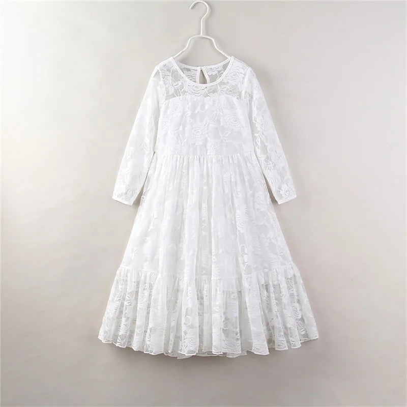 2024 Fashion A-Line Big Children Baby Night Ball Gown Bow Hollowed Out Lace Rose Long Sleeve Girls Dress for Kids 2-10
