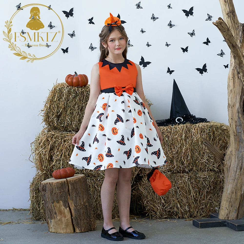 Halloween Girl Cosplay Dress for Kids Satin Evening Gown with Free Bag for Spring Season