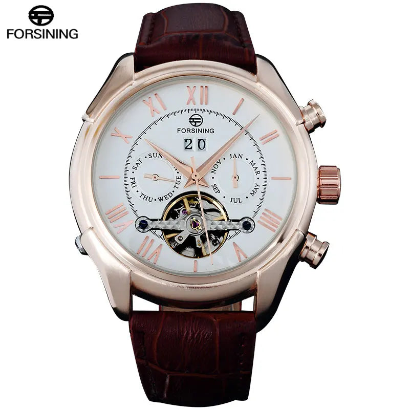 Men's Mechanical Wrist Watch Auto Date Week Month Display Rose Gold Roman Numerals Leather Band 22mm Width Analog Brand Name