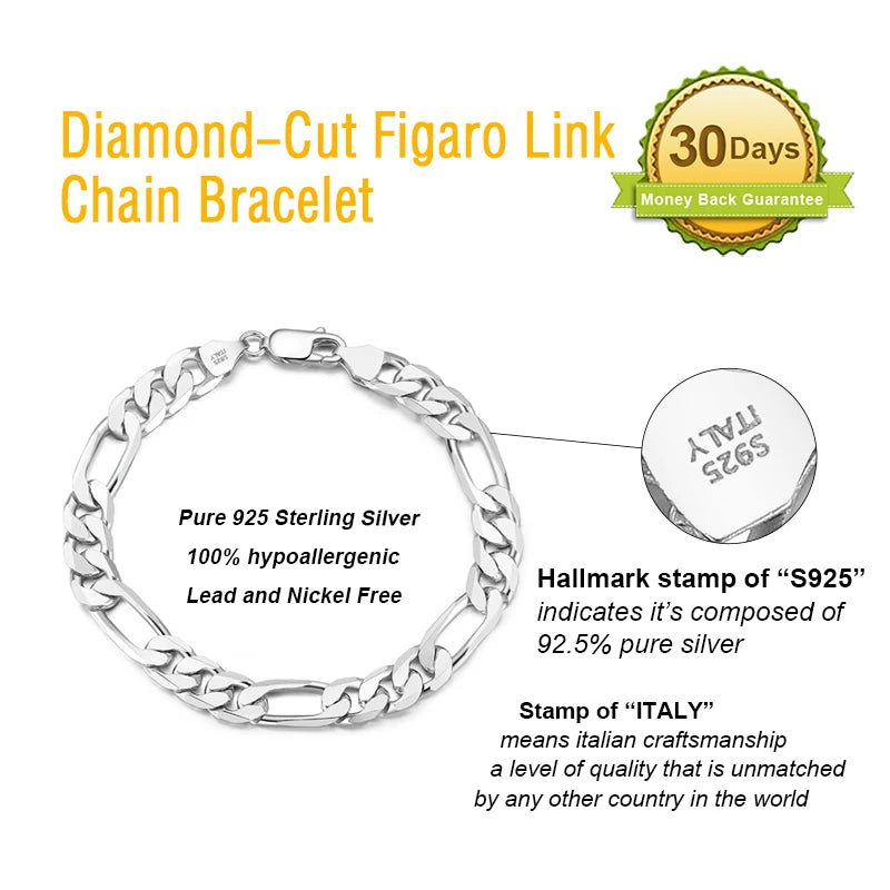 RINNTIN SB108 Italian 925 Sterling Silver Bracelets Hip Hop Jewelry Chunky Diamond-Cut Figaro Link Chain Bracelet Men Women