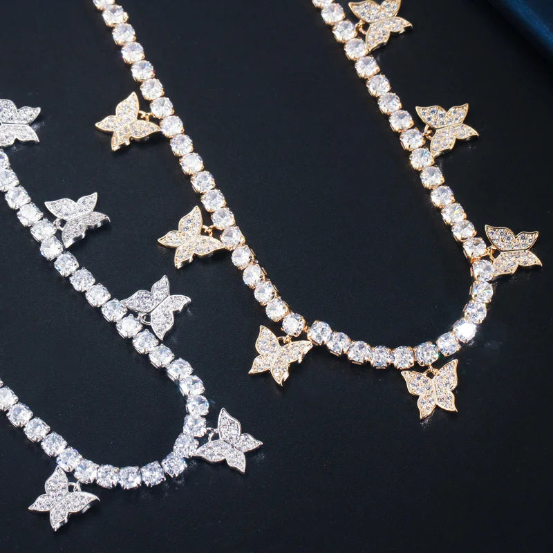 Trendy 585 Gold Color Silver Plated Drop CZ Butterfly Bridal Charm Earring and Choker Necklace for Women Party Boho Jewelry Set