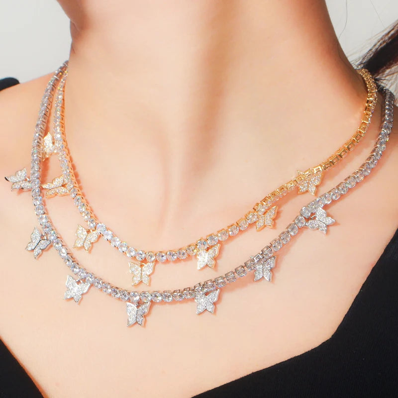 Trendy 585 Gold Color Silver Plated Drop CZ Butterfly Bridal Charm Earring and Choker Necklace for Women Party Boho Jewelry Set