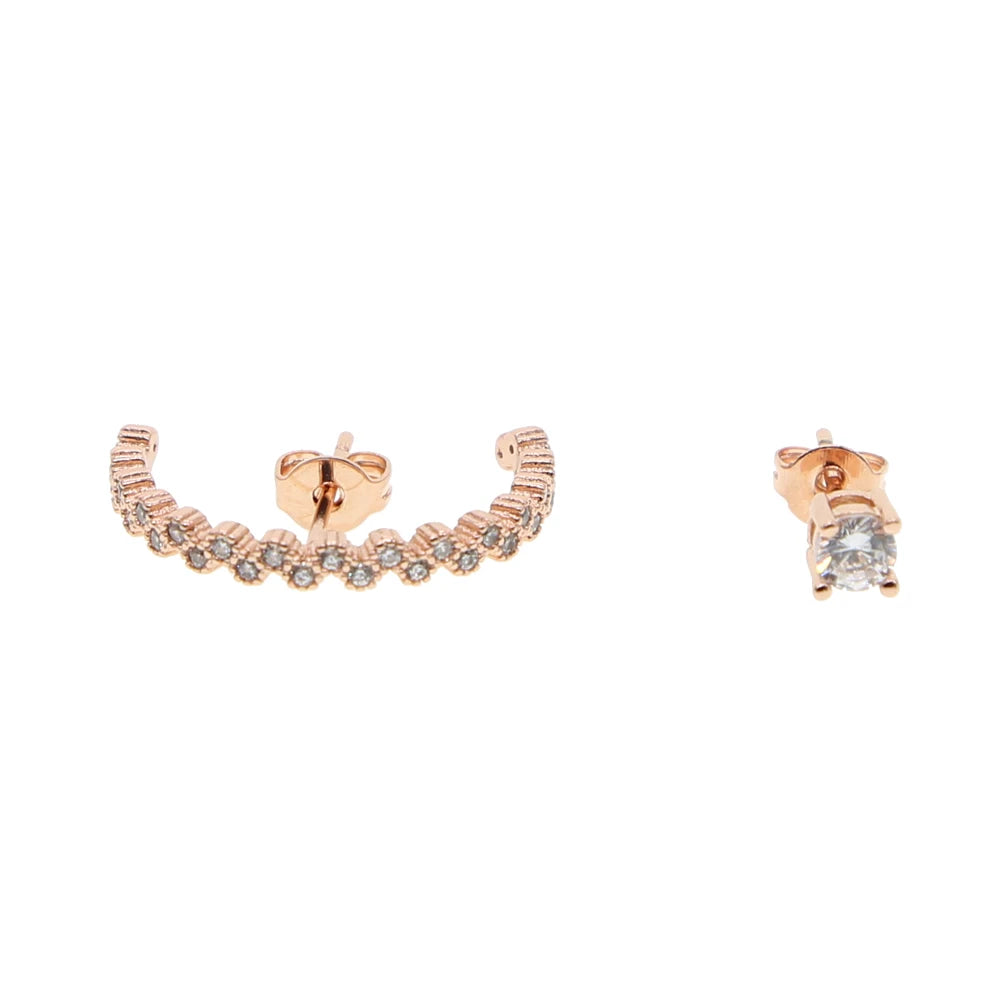 Rose Gold Plated Asymmetric Small Stud Earrings for Women Trendy Micro Pave CZ Different Fashion Micro Pave CZ Asymmetric Small