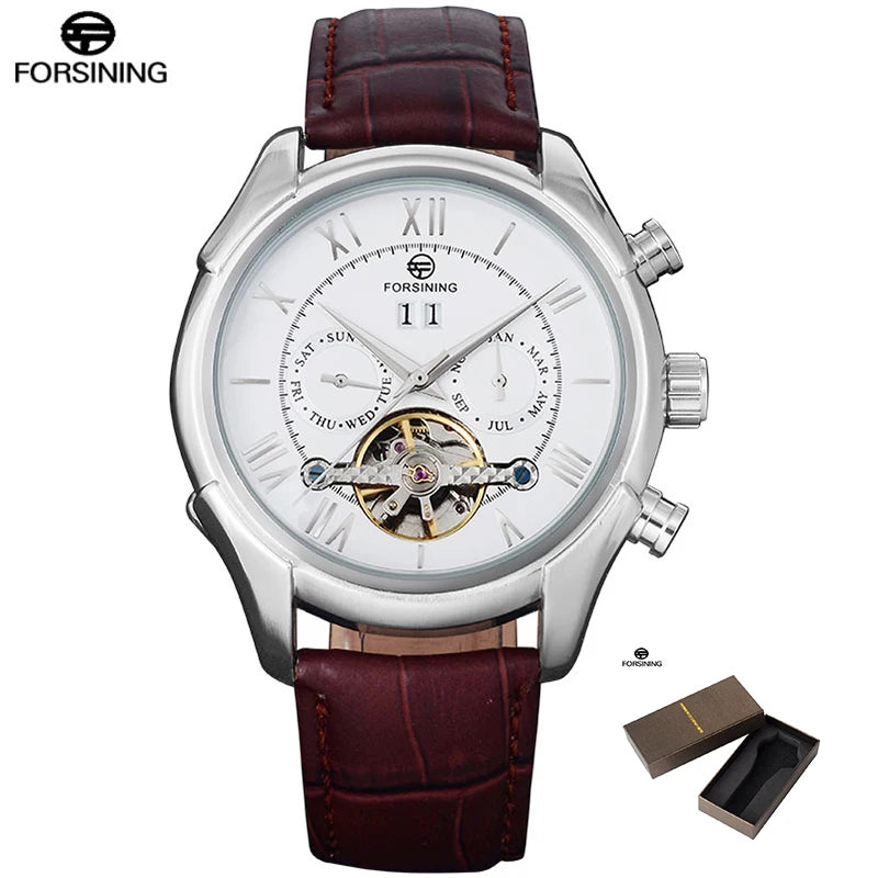 Men's Mechanical Wrist Watch Auto Date Week Month Display Rose Gold Roman Numerals Leather Band 22mm Width Analog Brand Name