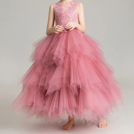 Girls' Costume Party Christmas Long Dresses for Formal Wedding Elegant Ball Gown Children Pink Dress Clothes