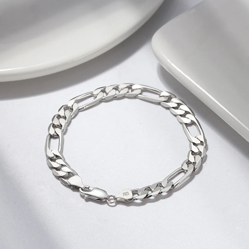 RINNTIN SB108 Italian 925 Sterling Silver Bracelets Hip Hop Jewelry Chunky Diamond-Cut Figaro Link Chain Bracelet Men Women