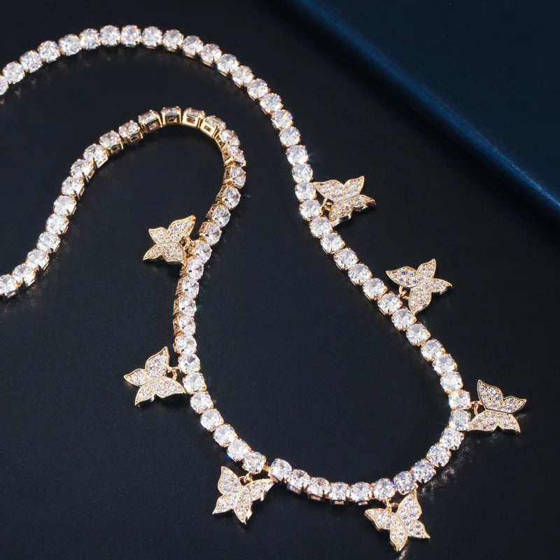Trendy 585 Gold Color Silver Plated Drop CZ Butterfly Bridal Charm Earring and Choker Necklace for Women Party Boho Jewelry Set