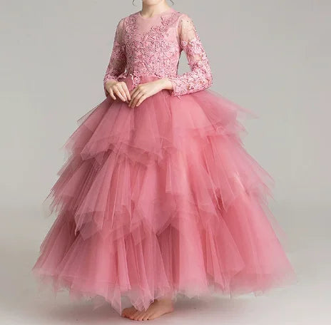 Girls' Costume Party Christmas Long Dresses for Formal Wedding Elegant Ball Gown Children Pink Dress Clothes