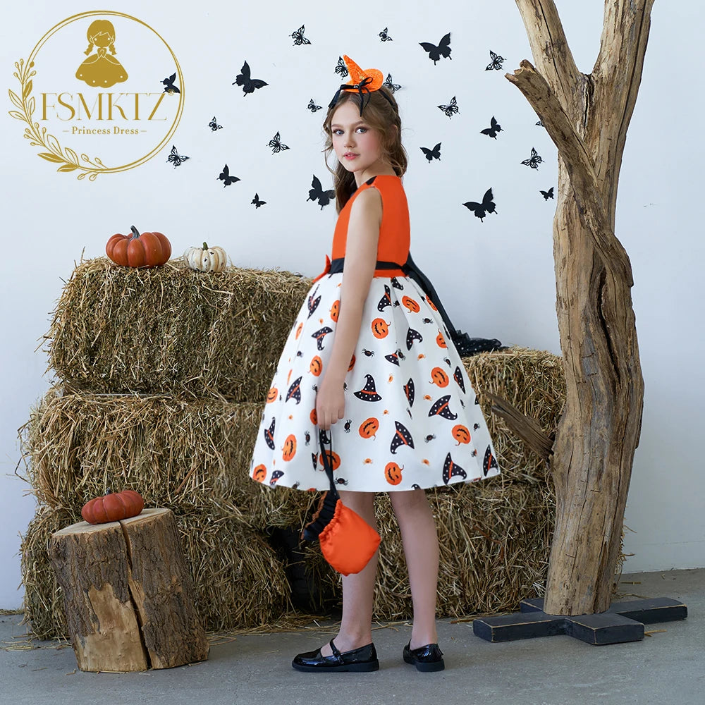 Halloween Girl Cosplay Dress for Kids Satin Evening Gown with Free Bag for Spring Season