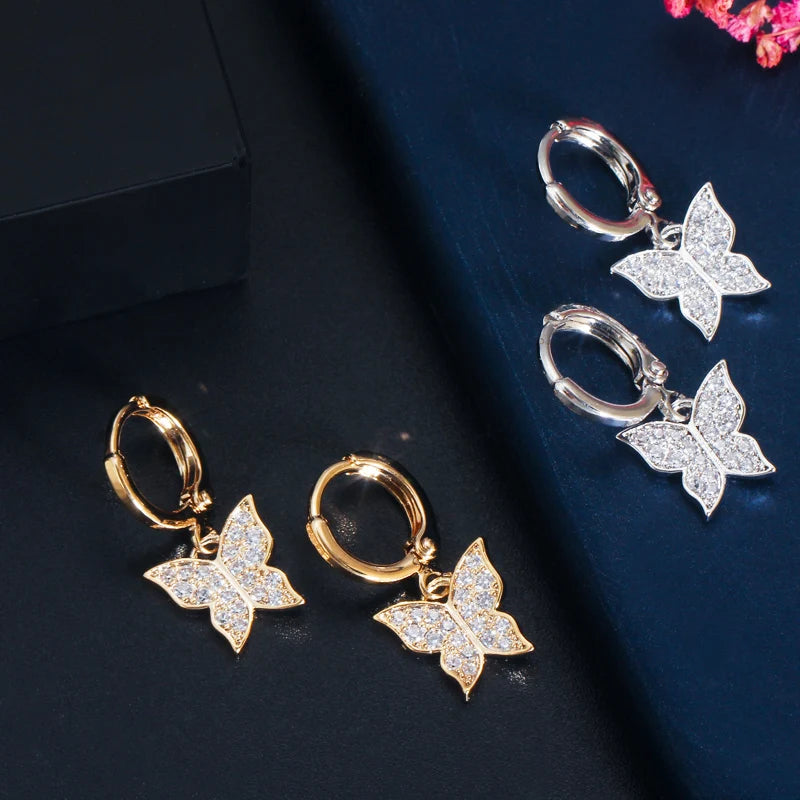 Trendy 585 Gold Color Silver Plated Drop CZ Butterfly Bridal Charm Earring and Choker Necklace for Women Party Boho Jewelry Set