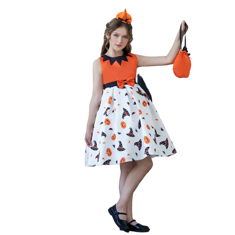 Halloween Girl Cosplay Dress for Kids Satin Evening Gown with Free Bag for Spring Season