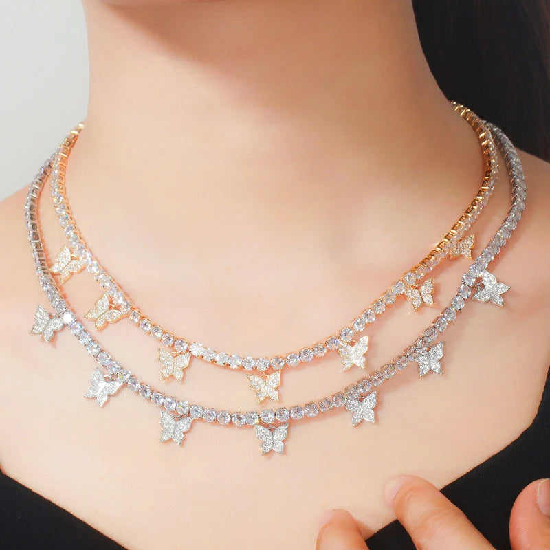 Trendy 585 Gold Color Silver Plated Drop CZ Butterfly Bridal Charm Earring and Choker Necklace for Women Party Boho Jewelry Set