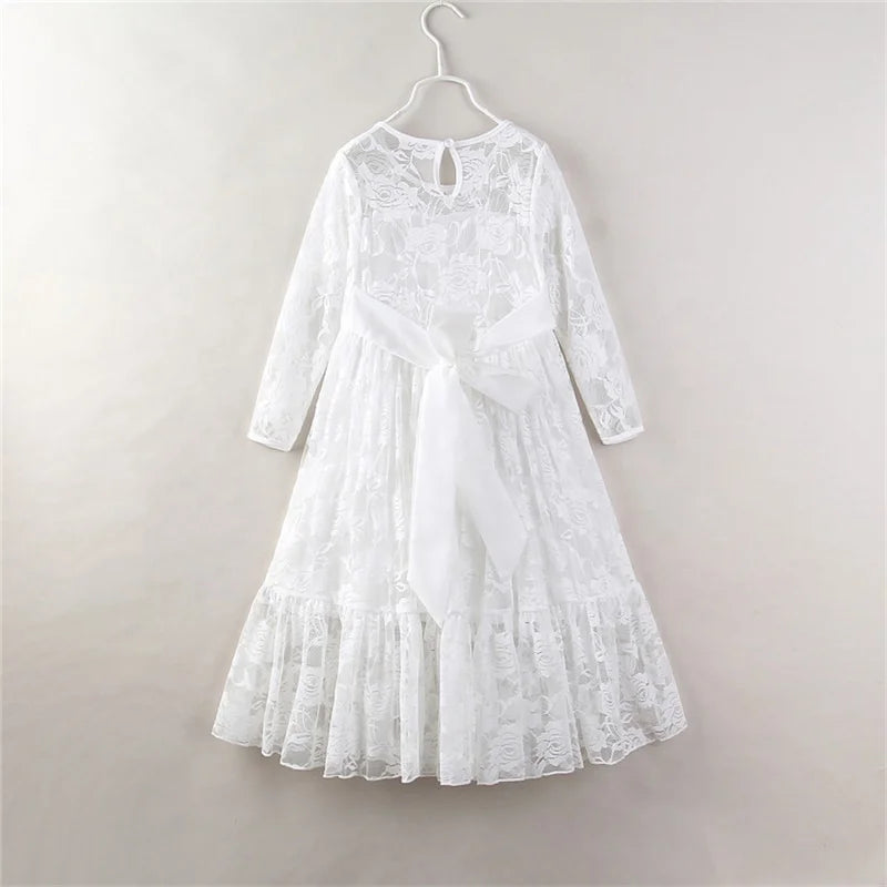 2024 Fashion A-Line Big Children Baby Night Ball Gown Bow Hollowed Out Lace Rose Long Sleeve Girls Dress for Kids 2-10