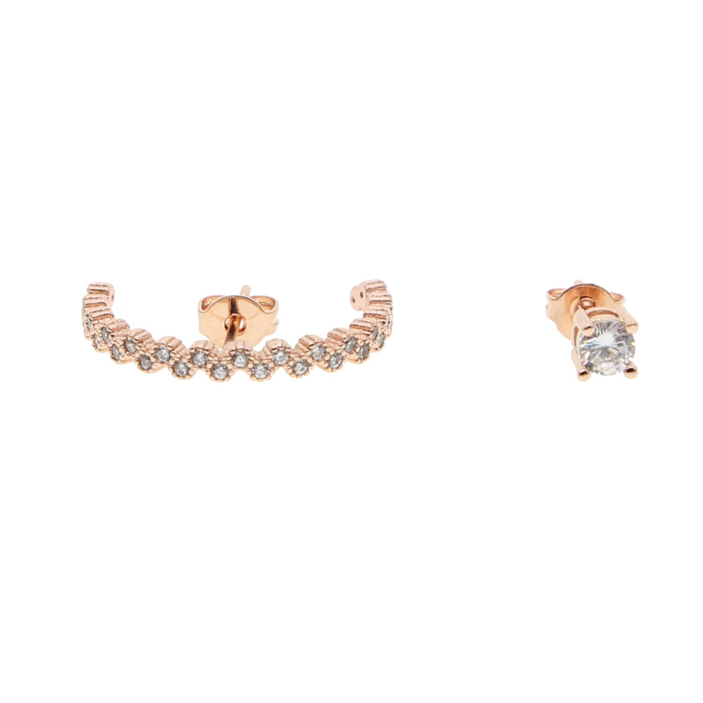 Rose Gold Plated Asymmetric Small Stud Earrings for Women Trendy Micro Pave CZ Different Fashion Micro Pave CZ Asymmetric Small