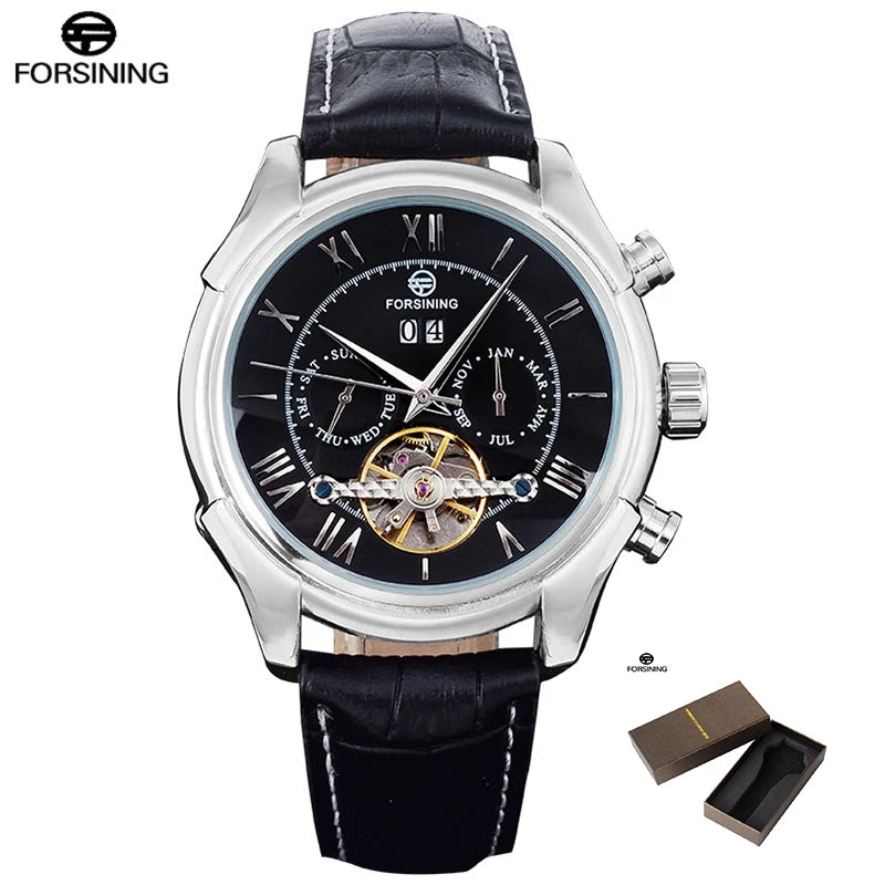 Men's Mechanical Wrist Watch Auto Date Week Month Display Rose Gold Roman Numerals Leather Band 22mm Width Analog Brand Name
