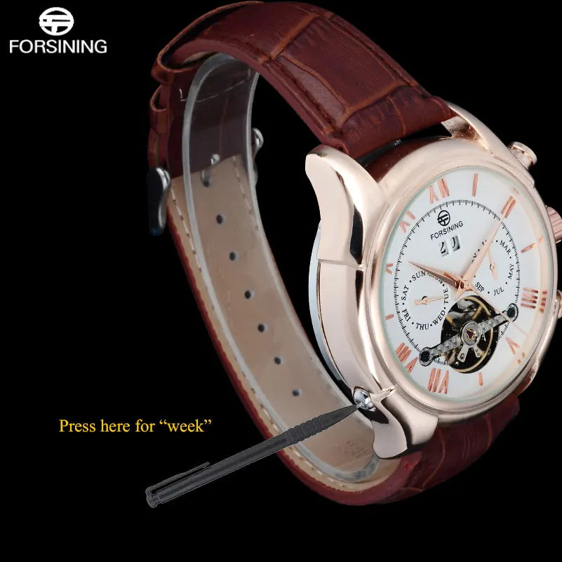 Men's Mechanical Wrist Watch Auto Date Week Month Display Rose Gold Roman Numerals Leather Band 22mm Width Analog Brand Name