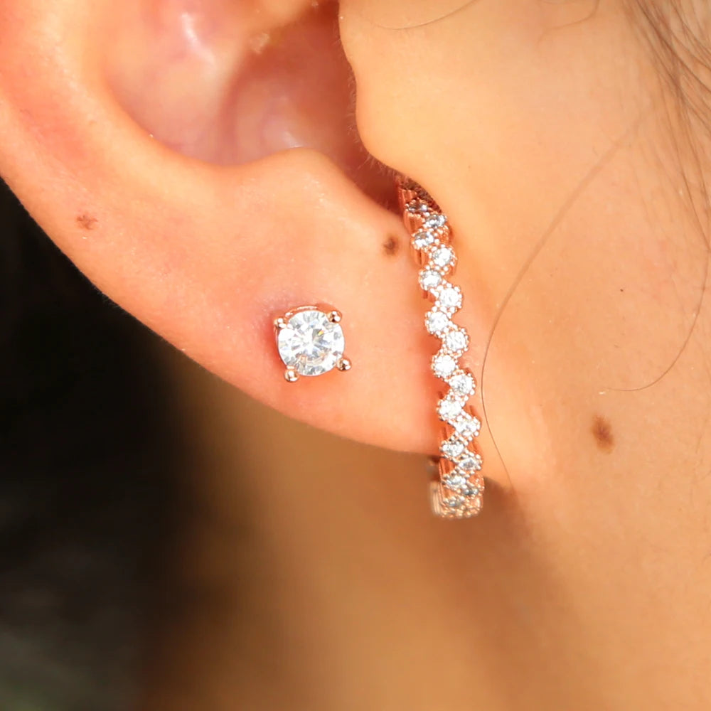 Rose Gold Plated Asymmetric Small Stud Earrings for Women Trendy Micro Pave CZ Different Fashion Micro Pave CZ Asymmetric Small