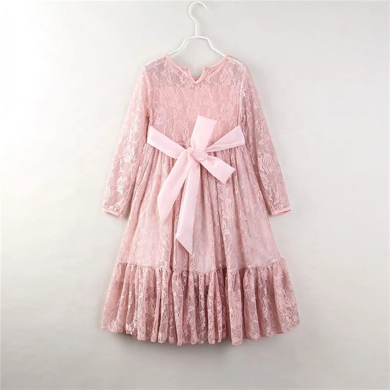 2024 Fashion A-Line Big Children Baby Night Ball Gown Bow Hollowed Out Lace Rose Long Sleeve Girls Dress for Kids 2-10