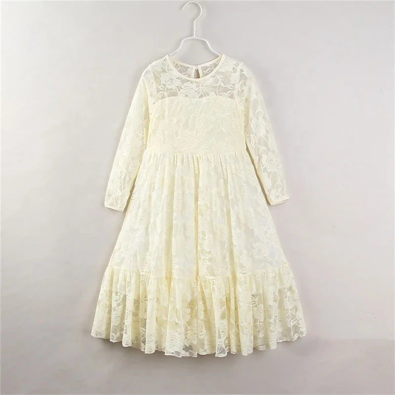 2024 Fashion A-Line Big Children Baby Night Ball Gown Bow Hollowed Out Lace Rose Long Sleeve Girls Dress for Kids 2-10