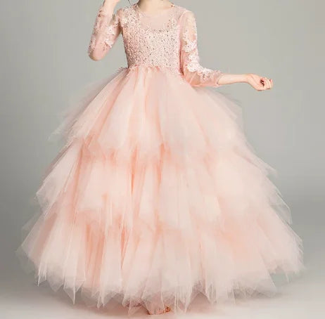 Girls' Costume Party Christmas Long Dresses for Formal Wedding Elegant Ball Gown Children Pink Dress Clothes