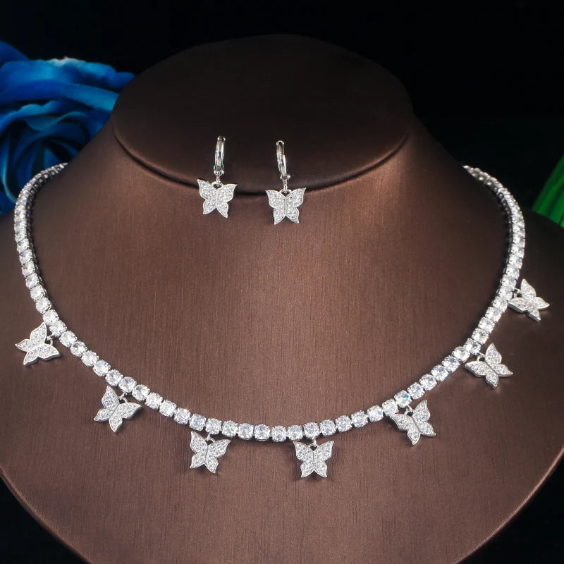 Trendy 585 Gold Color Silver Plated Drop CZ Butterfly Bridal Charm Earring and Choker Necklace for Women Party Boho Jewelry Set