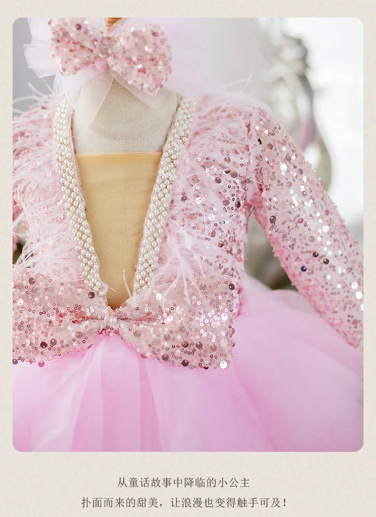 Girls Performance Dress for Piano Recital & Catwalk V-Neck Sequin Mesh Tutu with Elegant Long Sleeves Flower Girl Princess Gown