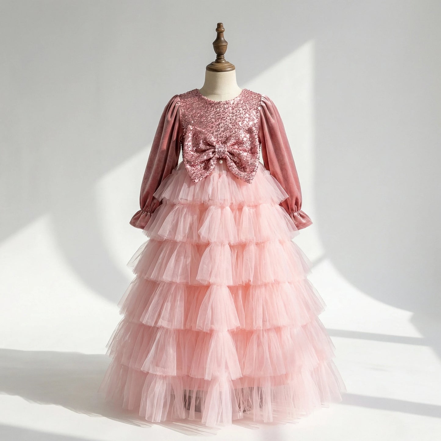 NEW Summer Pink Sequin Bow Long Sleeve Layered Tulle Princess Dress for Girls Luxury Birthday & Mother’s Day Gown