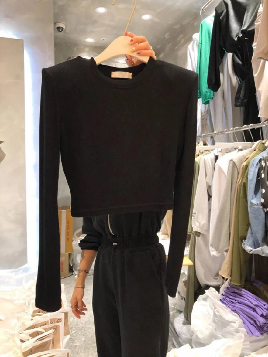 High Waist Slim Fit Long Sve Base irt oulder Pad Women's Inner Wear T-irt Korean Sle Commute Faion Pure Color