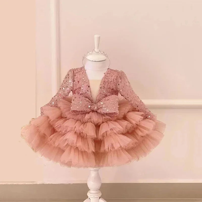 2-12 years old  sequin long-sleeved dress girl puffy dress girl lace birthday wedding flower girl bow performance dress