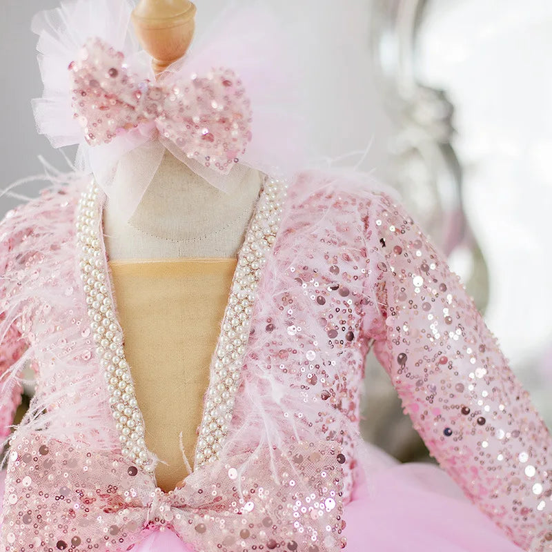 Girls Performance Dress for Piano Recital & Catwalk V-Neck Sequin Mesh Tutu with Elegant Long Sleeves Flower Girl Princess Gown