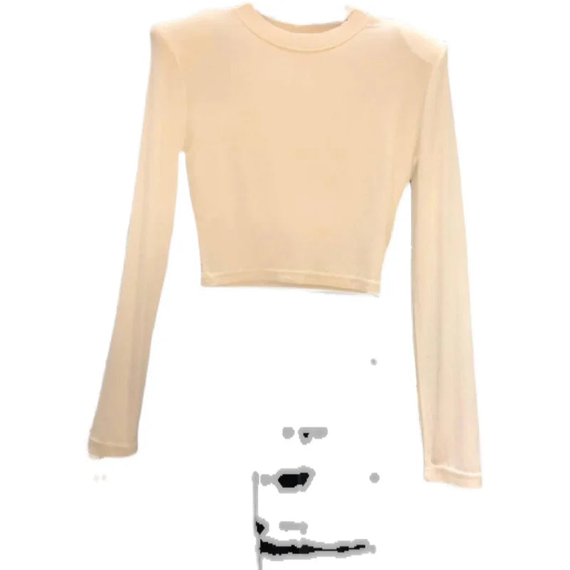 High Waist Slim Fit Long Sve Base irt oulder Pad Women's Inner Wear T-irt Korean Sle Commute Faion Pure Color