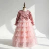 NEW Summer Pink Sequin Bow Long Sleeve Layered Tulle Princess Dress for Girls Luxury Birthday & Mother’s Day Gown