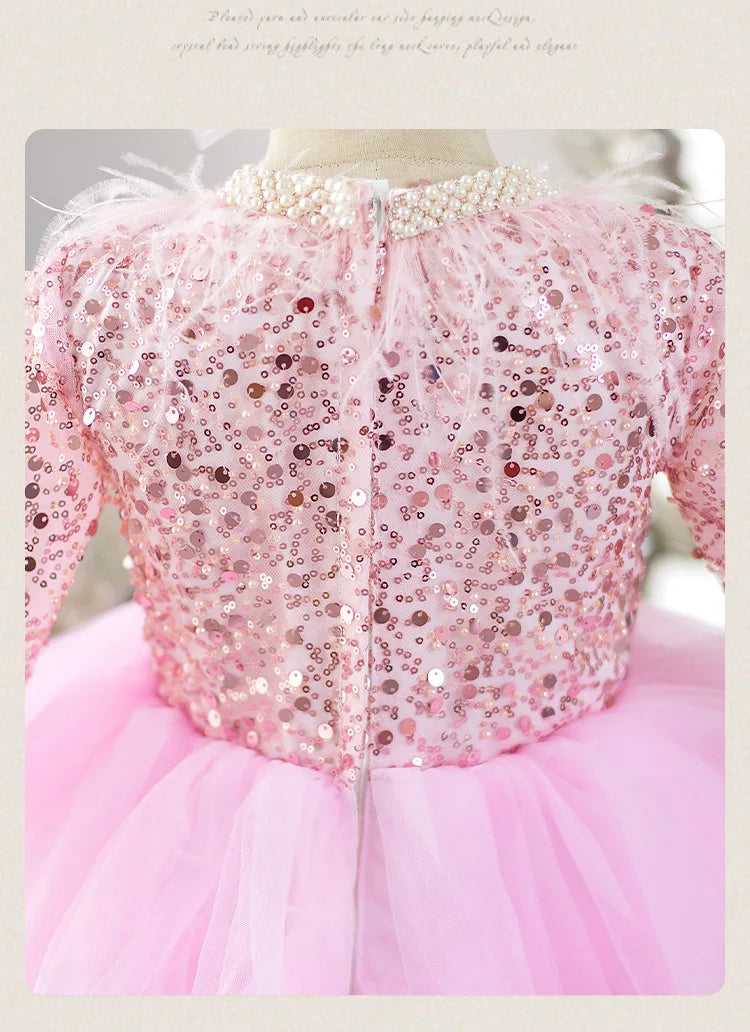 Girls Performance Dress for Piano Recital & Catwalk V-Neck Sequin Mesh Tutu with Elegant Long Sleeves Flower Girl Princess Gown