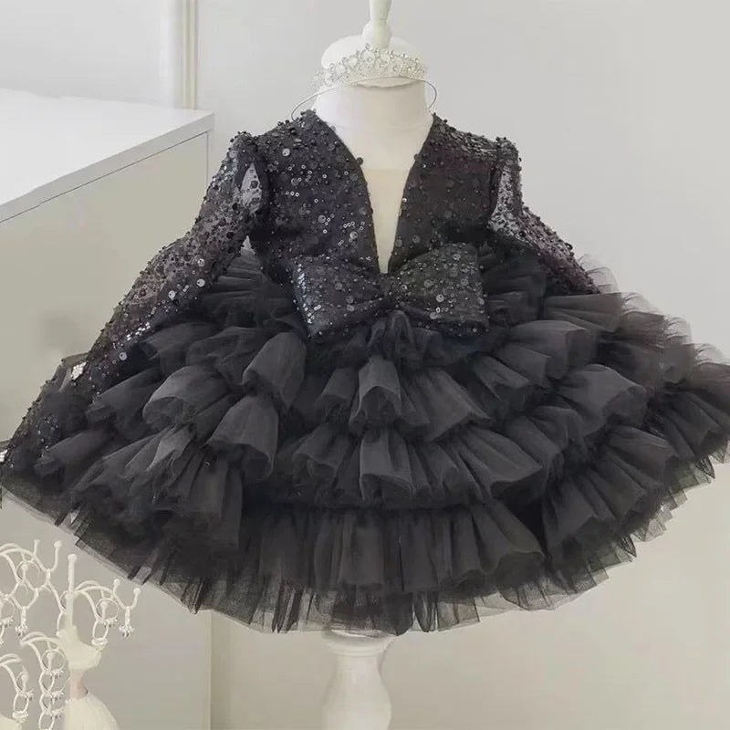 2-12 years old  sequin long-sleeved dress girl puffy dress girl lace birthday wedding flower girl bow performance dress
