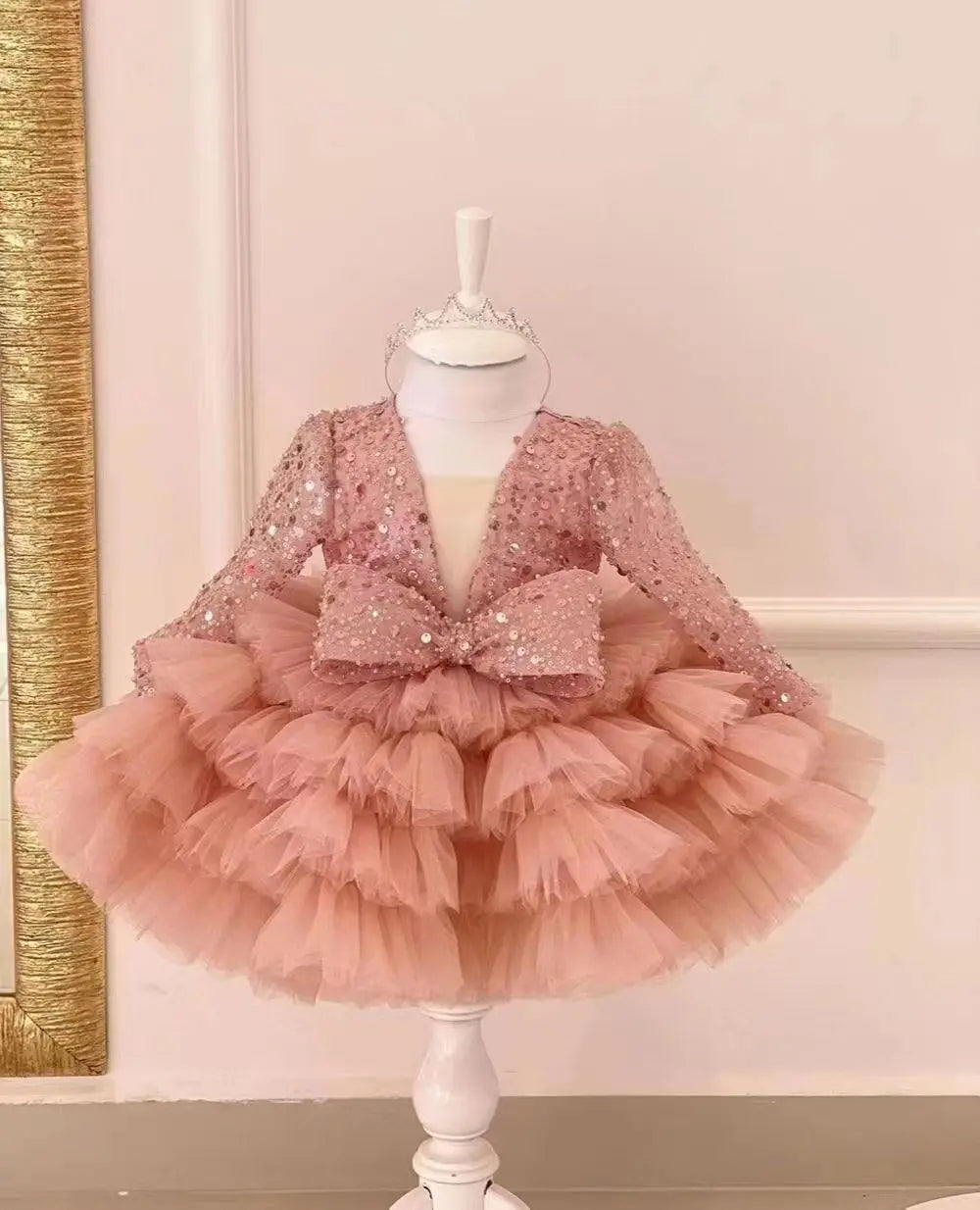 New Long Sleeve Sequins Bow Girls' Poncho Dress Wedding Flower Girl Sisters Wedding Dress Fashionable Versatile Evening Dress