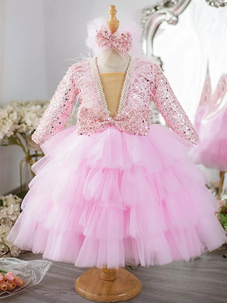 Girls Performance Dress for Piano Recital & Catwalk V-Neck Sequin Mesh Tutu with Elegant Long Sleeves Flower Girl Princess Gown