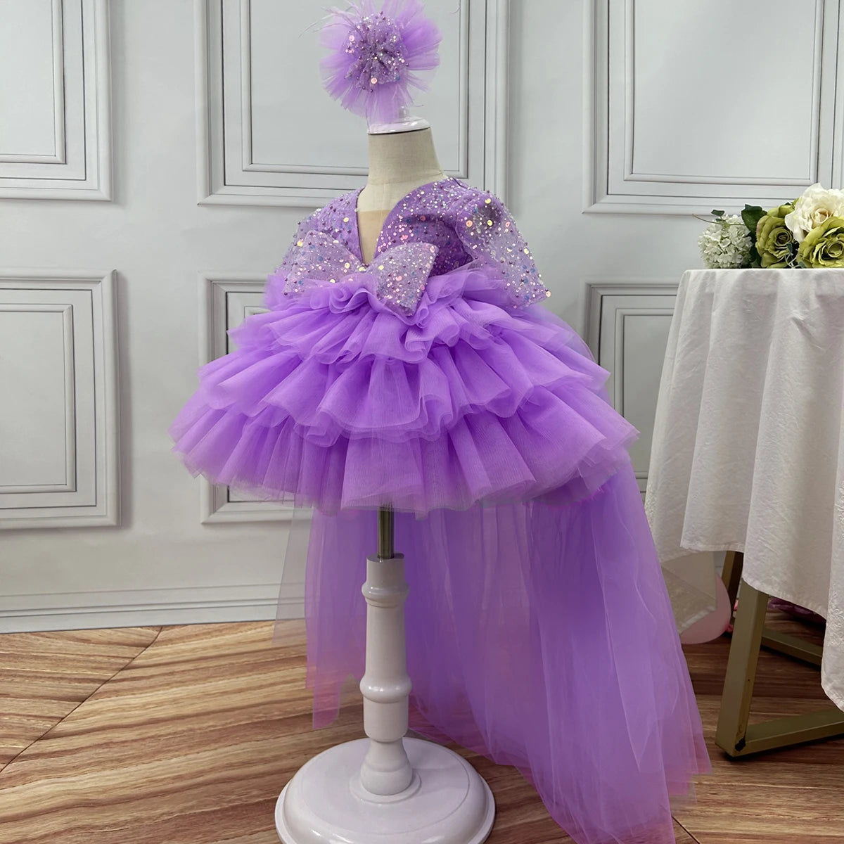Light luxury girl dragging high -end wine party evening dress flower girl wedding lace puff cake skirt special occasion girl dre