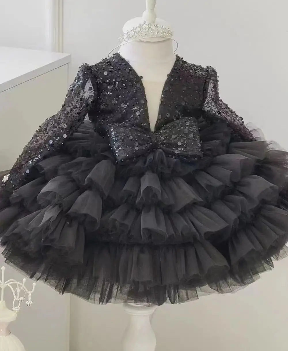 New Long Sleeve Sequins Bow Girls' Poncho Dress Wedding Flower Girl Sisters Wedding Dress Fashionable Versatile Evening Dress