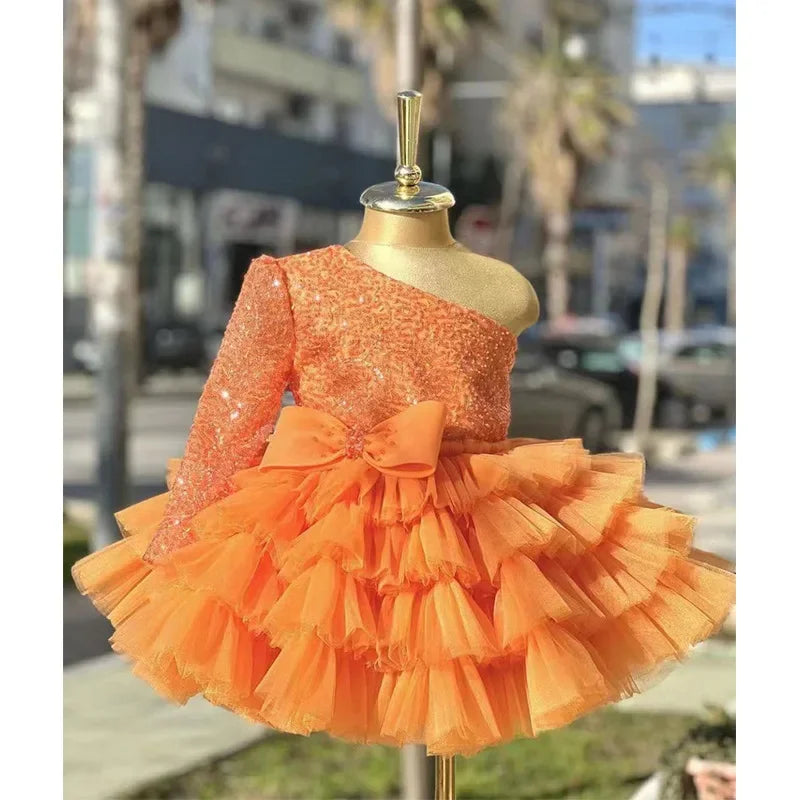 2-12 years old  sequin long-sleeved dress girl puffy dress girl lace birthday wedding flower girl bow performance dress