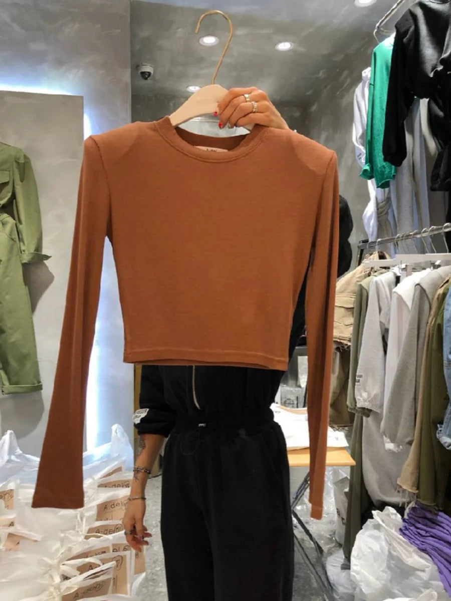 High Waist Slim Fit Long Sve Base irt oulder Pad Women's Inner Wear T-irt Korean Sle Commute Faion Pure Color