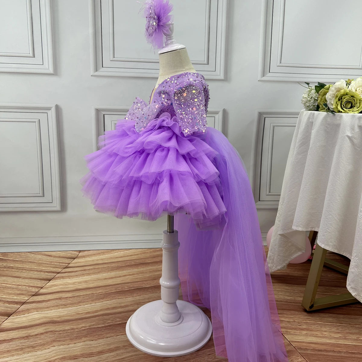 Light luxury girl dragging high -end wine party evening dress flower girl wedding lace puff cake skirt special occasion girl dre