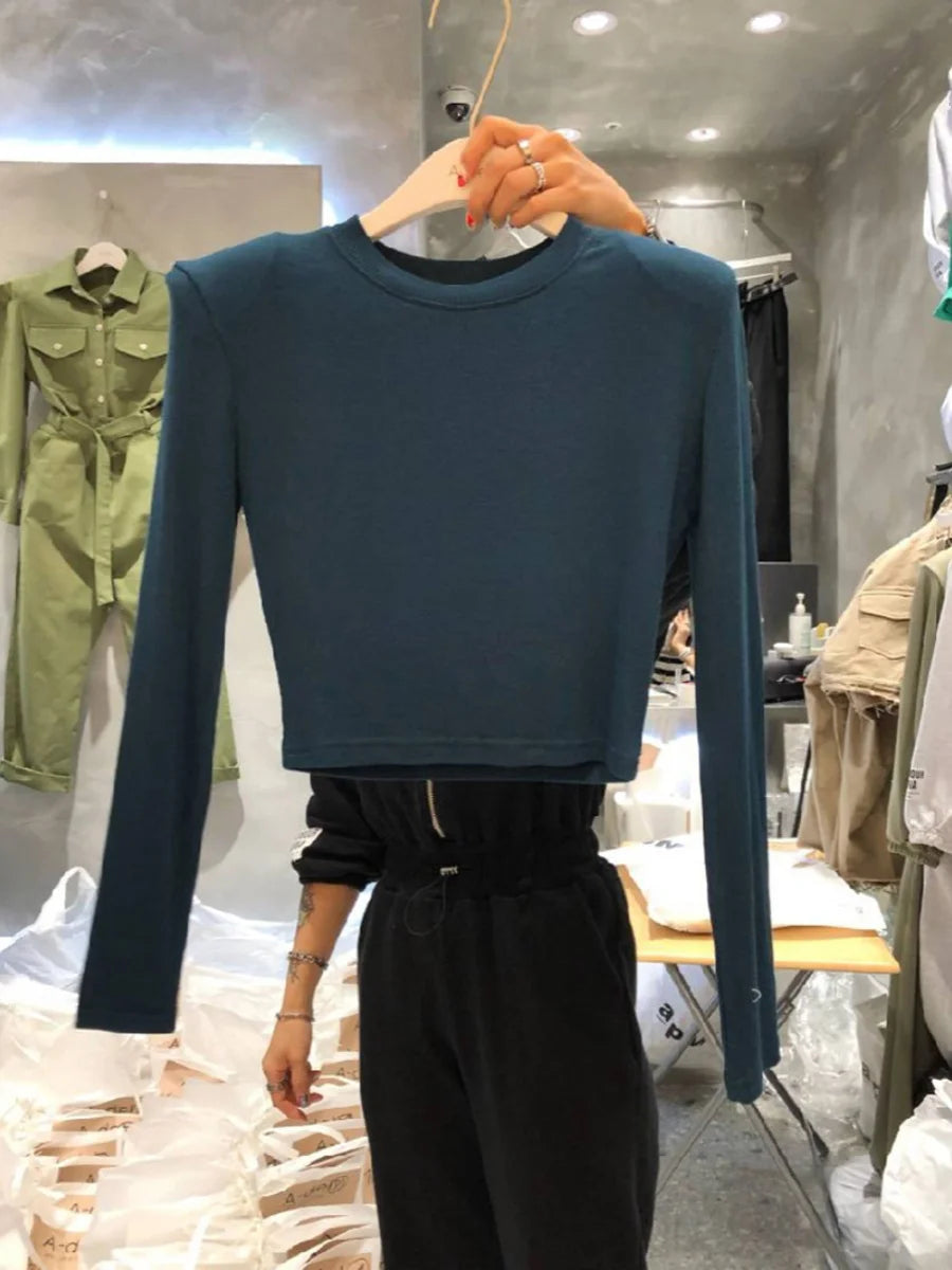 High Waist Slim Fit Long Sve Base irt oulder Pad Women's Inner Wear T-irt Korean Sle Commute Faion Pure Color