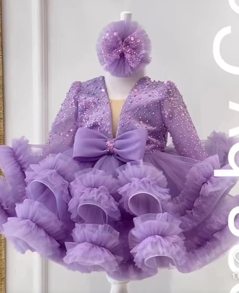 New Long Sleeve Sequins Bow Girls' Poncho Dress Wedding Flower Girl Sisters Wedding Dress Fashionable Versatile Evening Dress