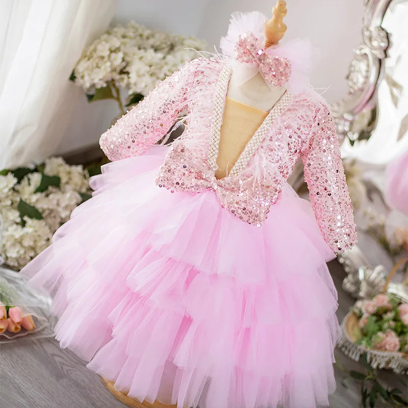 Girls Performance Dress for Piano Recital & Catwalk V-Neck Sequin Mesh Tutu with Elegant Long Sleeves Flower Girl Princess Gown