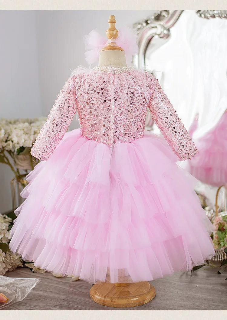 Girls Performance Dress for Piano Recital & Catwalk V-Neck Sequin Mesh Tutu with Elegant Long Sleeves Flower Girl Princess Gown
